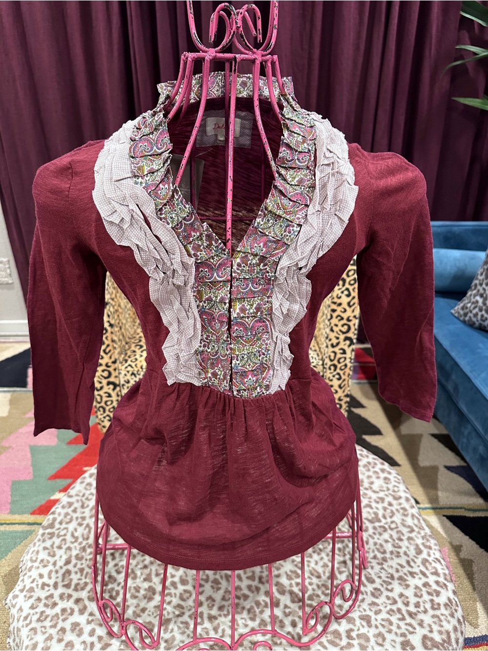 Anthropologie Burgundy Ruffled V-Neck Peasant Blouse